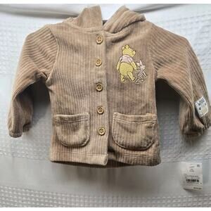 NEW Brown Disney Baby Suede Sweater Hoody Embroided Winnie The Pooh 0-3 Months